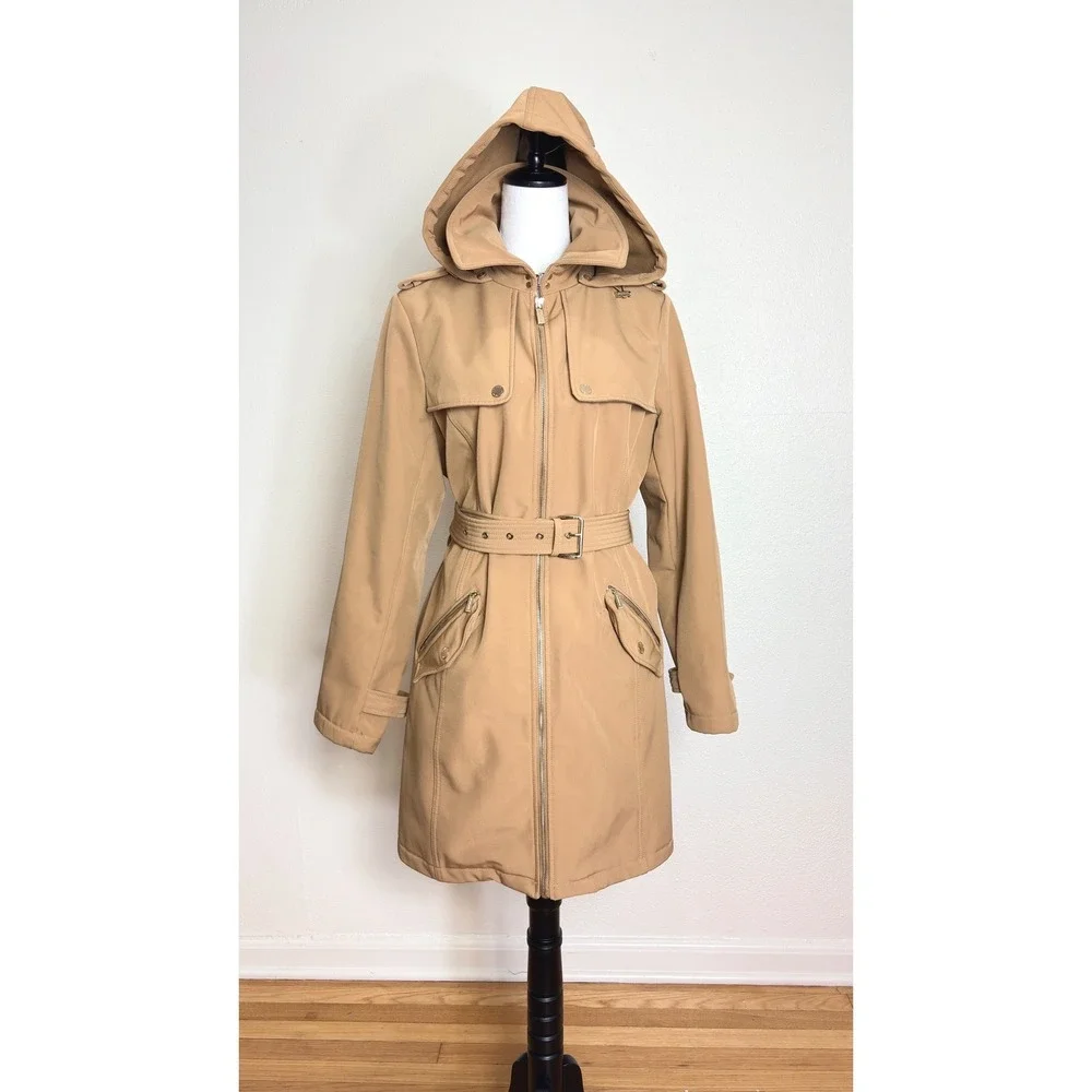 Michael Kors Tan Hooded Zip Up Trench Coat Jacket Size Large Classic Chic Winter